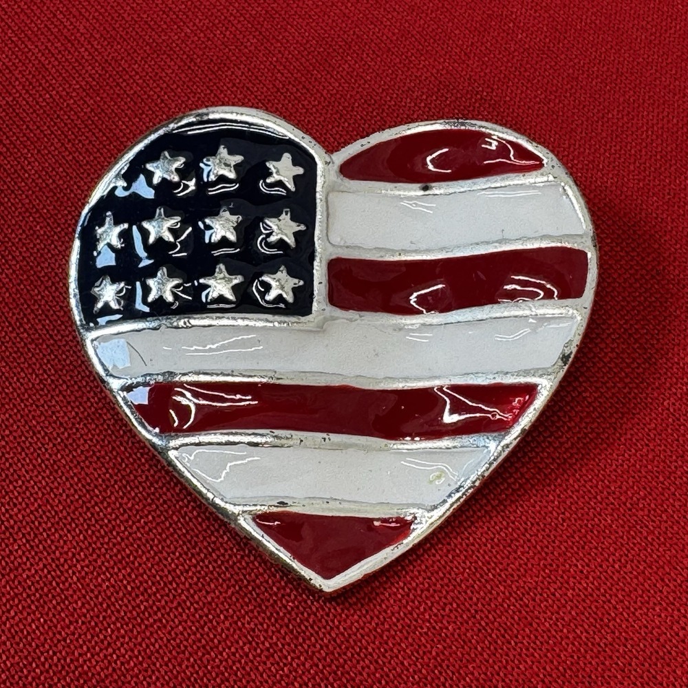 American Heart Flag Enameled Silver Tone‎ Brooch